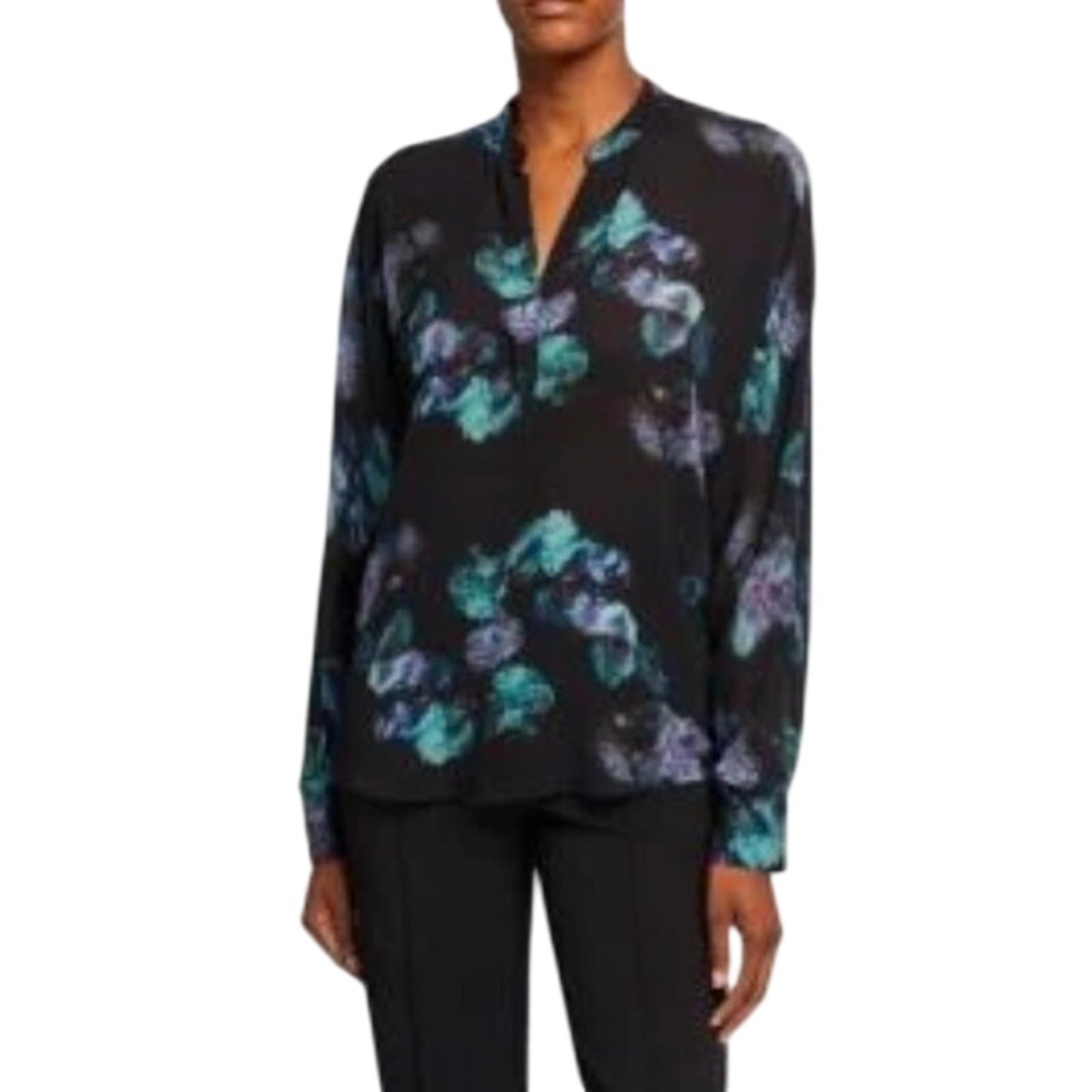 Vince Women’s Silk Split Neck Black Abstract Long Sleeve Floral Top